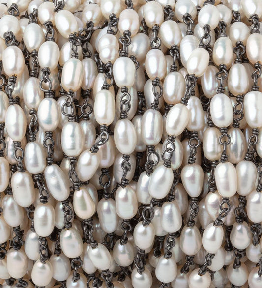 5-6mm White Oval Freshwater Pearls on Black Gold .925 Chain