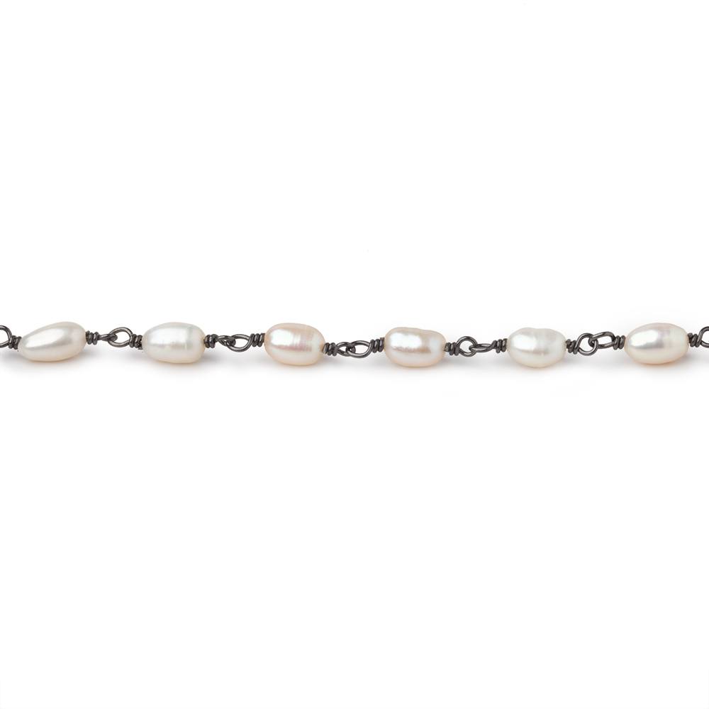 5-6mm White Oval Freshwater Pearls on Black Gold .925 Chain