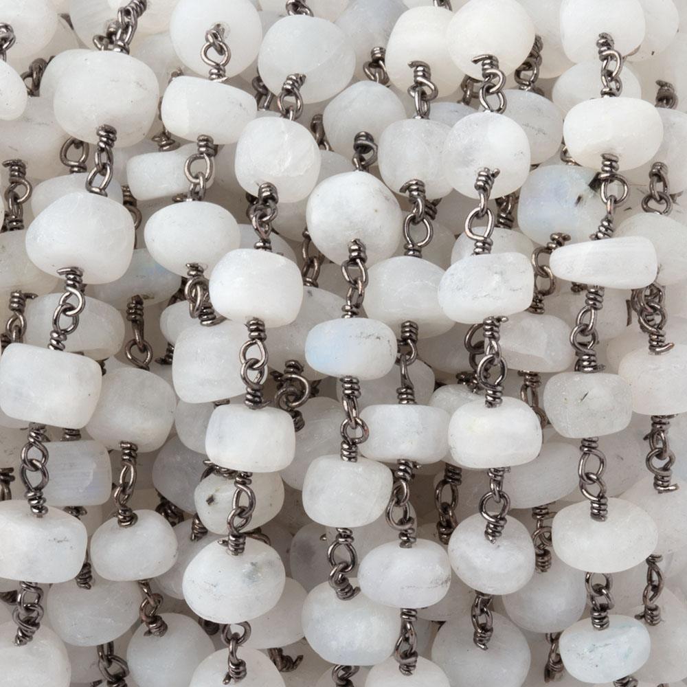 5-7mm Matte Rainbow Moonstone Plain Rondelles on Black Gold Plated Chain