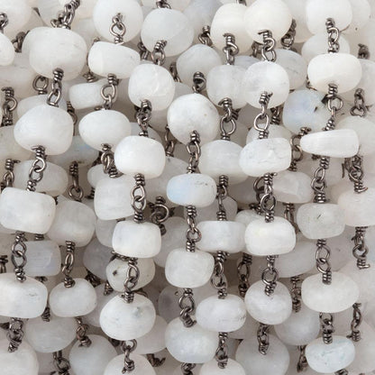 5-7mm Matte Rainbow Moonstone Plain Rondelles on Black Gold Plated Chain