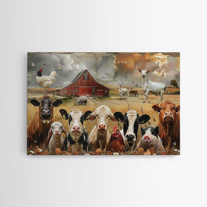 Kitsch Farmhouse Wall Art, Cute Farm Animals On A Fence, Cow Art, Pig Print, Red Barn Wall Art, Wood Framed Art