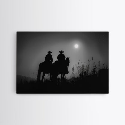 Cowboys Under A Full Moon, Framed Canvas Print, Black and White Western Photography, Wild West Art, Western Decor, Farmhouse Country Art