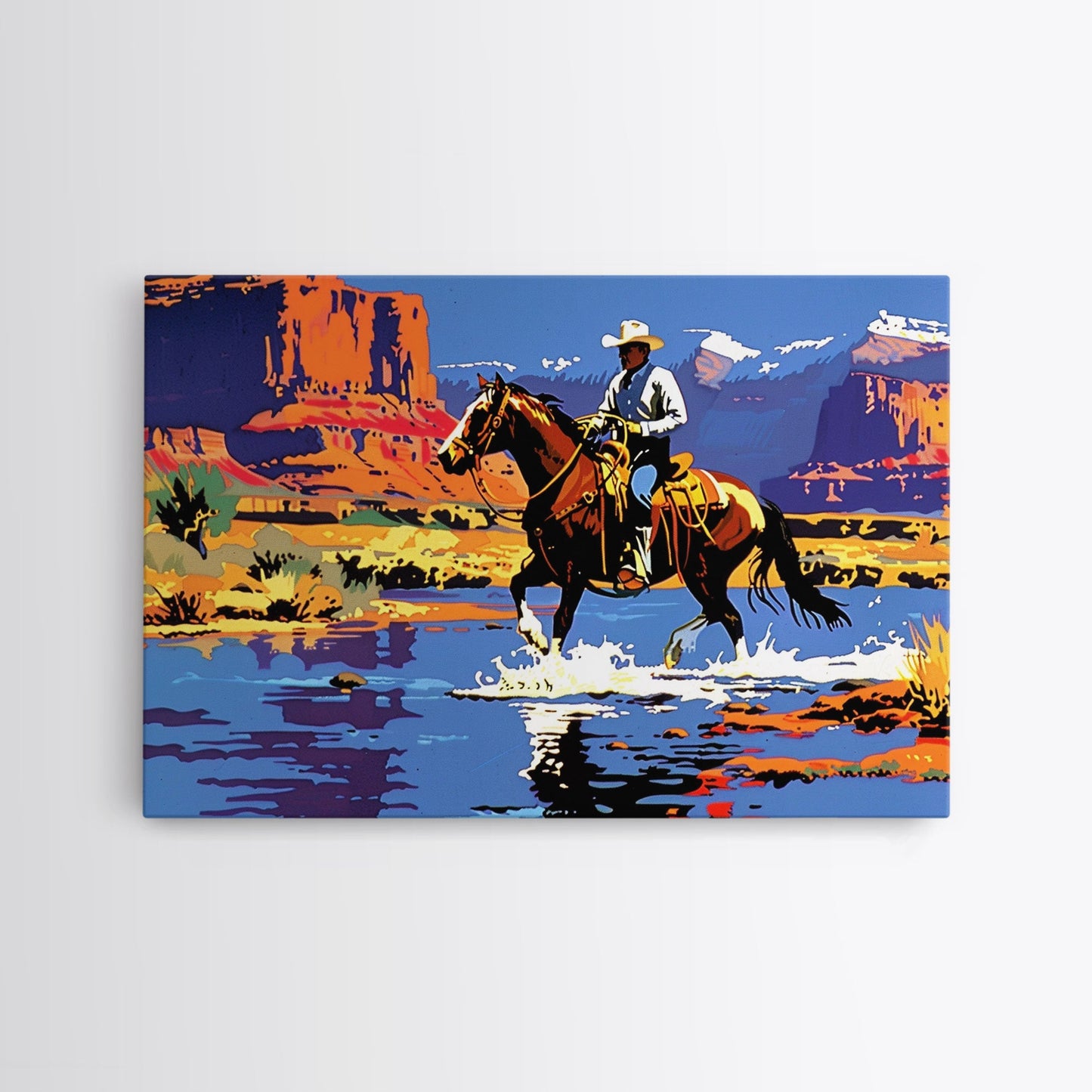 Crossing The Colorado River, Framed Canvas Print, Kitsch Western Wall Art, Colorful Western Painting Original Artwork, Pop Art Painting