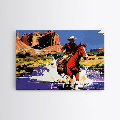Crossing The Colorado River, Framed Canvas Print, Kitsch Western Wall Art, Colorful Western Painting Original Artwork, Pop Art Painting