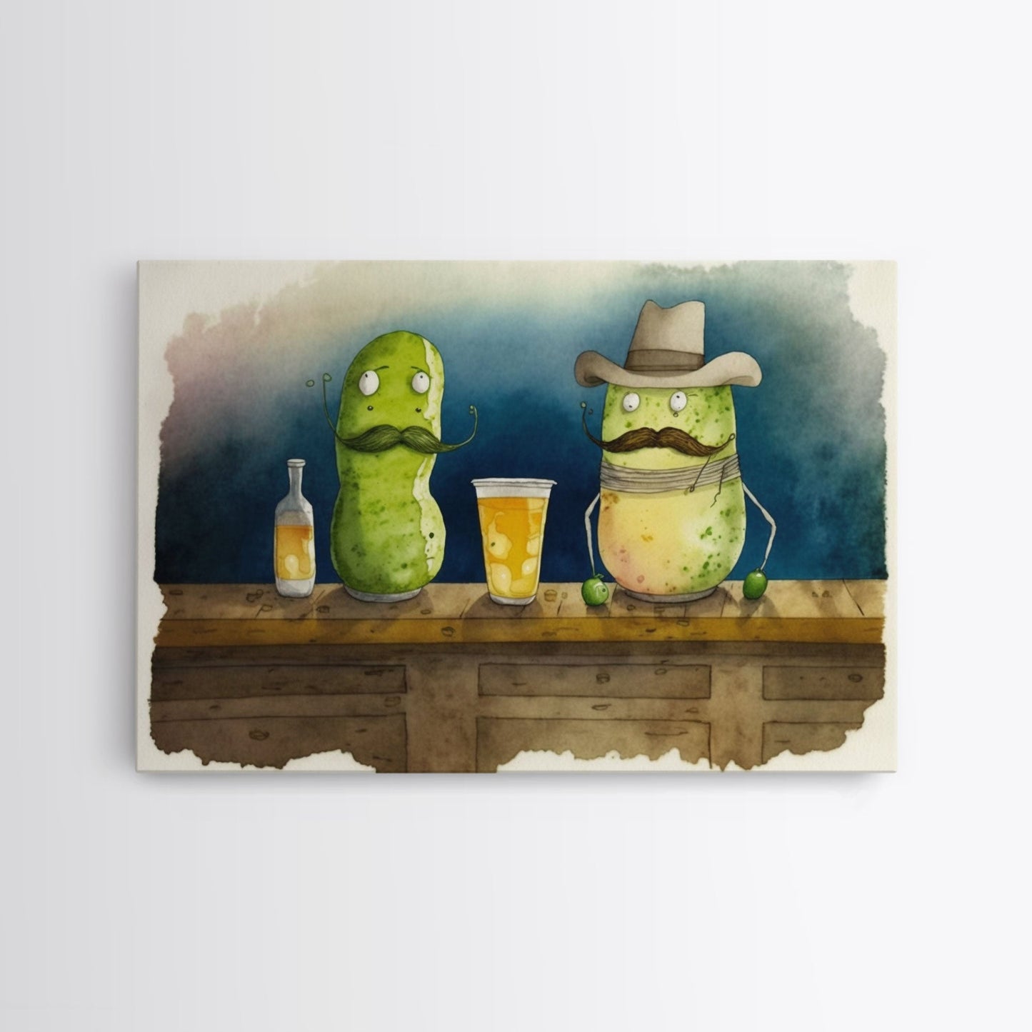 Funny Pickles In A Bar, Watercolor Painting Print, Framed Wall Art, Funny Decor, Kitsch Art, Framed Canvas Pickle Art