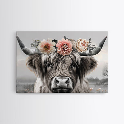 Cute Framed Canvas Wall Art, Cute Cow Wearing Flowers, Farmhouse Decor, Farmhouse Wall At, Extra Large Boho Decor, Minimalist Modern Art