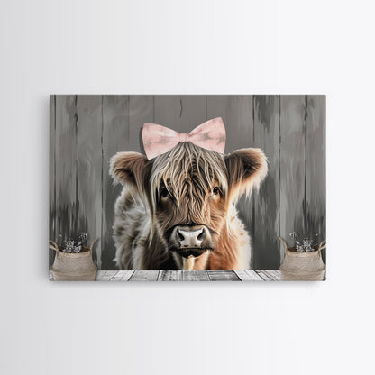 Framed Wall Art Texas Cattle, Wood Framed Canvas Print, Farmhouse Decor, Minimalist Rustic Farmhouse Painting, Cute Nursery Wall Art