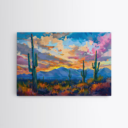 Cactus Under A Beautiful Sunset, Pop Art Style, Mid Century Modern Framed Canvas Print or Metal Art, Desert Scene Wall Art, Abstract Desert