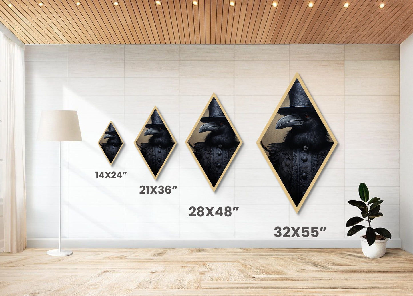 Baroque Raven in Charcoal Black Brocade Diamond Shaped Art Canvas Embossed Print Halloween Gothic Decor Dark Academia Style