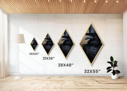 Baroque Raven in Charcoal Black Brocade Diamond Shaped Art Canvas Embossed Print Halloween Gothic Decor Dark Academia Style