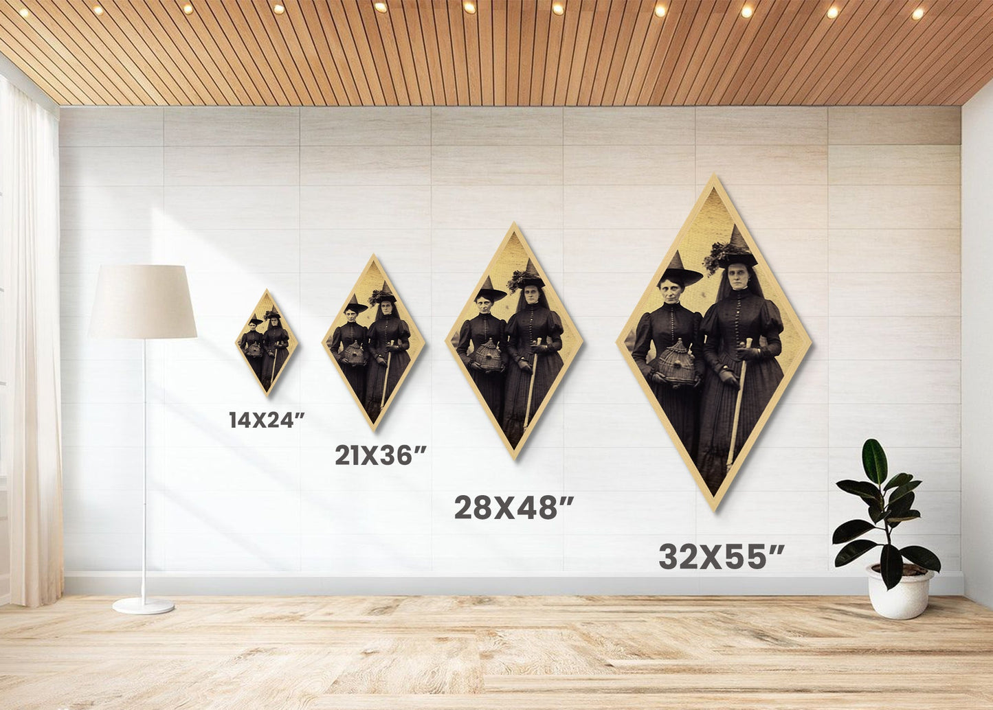 Viktorianische Hexen, Sepia-Fotografie, rautenförmiger Kunstdruck auf Leinwand, gotische Halloween-Motive, Dark Academia, Okkultismus, Vintage-Ästhetik