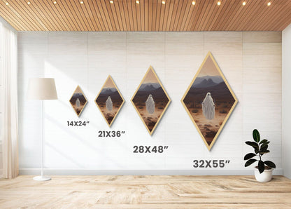 Lonely Ghost in Sunset Desert Diamond Shaped Art Canvas Art Print Halloween Spirit Gothic Surreal Dark Western Spooky Decor