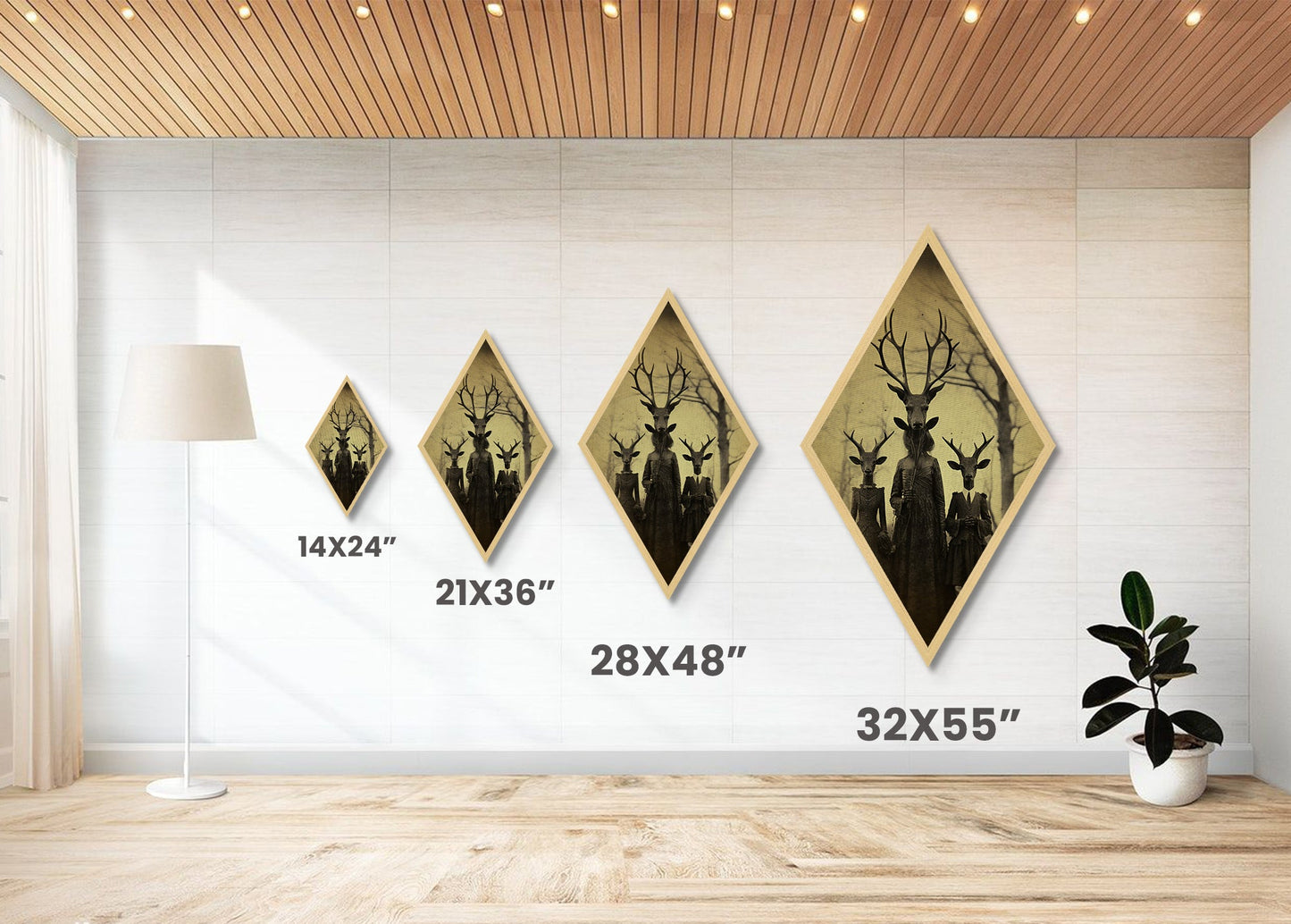 Haunting deer-headed family in eerie woods with Victorian dresses captured as Diamond Shaped Art on Canvas Embossed Print gothic Halloween