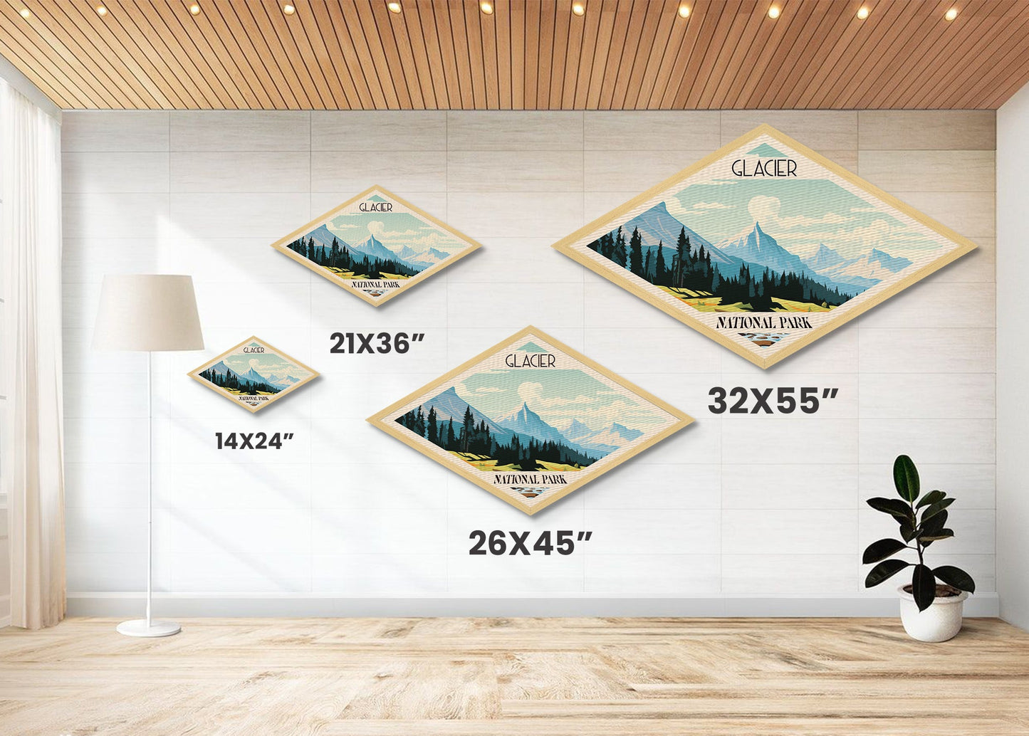 Retro-Reiseposter „Glacier Nationalpark“ auf Leinwand, Kunst mit Struktur, Reisedeko, Midcentury-Modern-Deko, Montana-Reisekunst