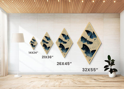 Blue Butterfly Flight Diamond Shaped Canvas Art Print, Japanese Insect Botanical Wall Decor, Nature Moth Garden Inspired Piece