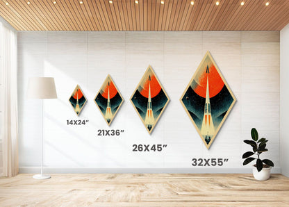 Rocket Launch Scene Diamond Shaped Canvas Textured Print, Retro Futurism Sci-Fi Wall Art, Outer Space Travel Vintage Poster