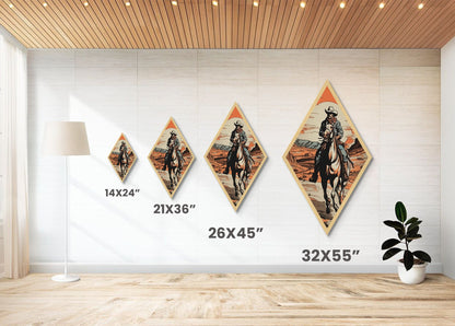 Canyon Trail Cowboy Ride Diamond Shaped Canvas Textured Print — Southwestern Western Wall Art Desert Horse Scene Rustic Ranch Decor