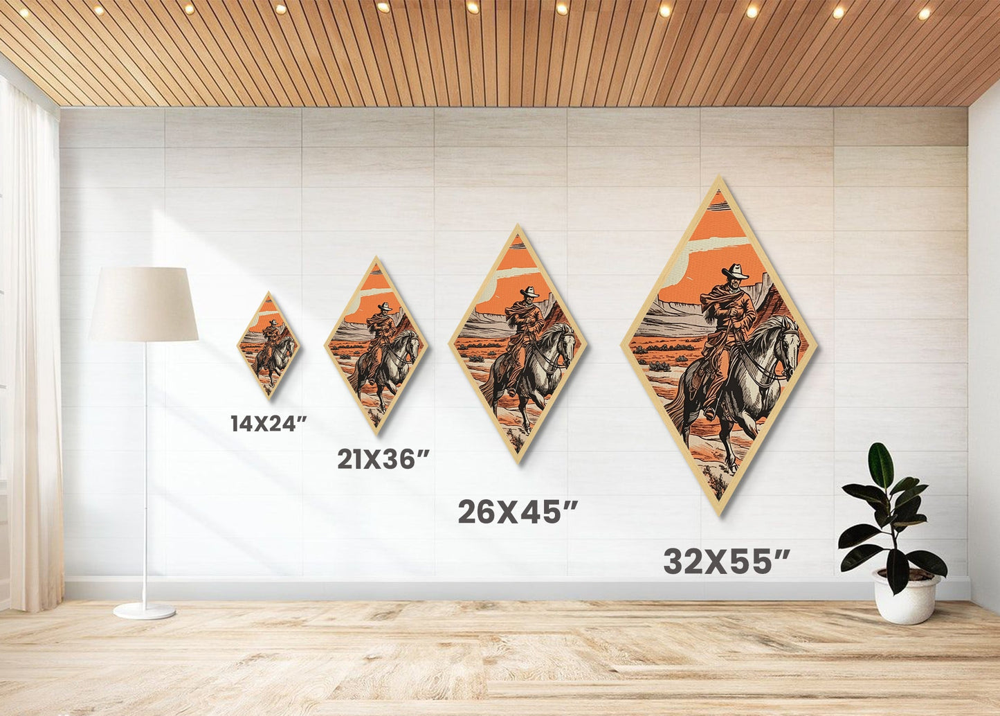 Cowboy Under Canyon Sun Diamond Shaped Canvas Embossed Print — Retro Western Wall Art Horseback Desert Scene Country Cabin Decor