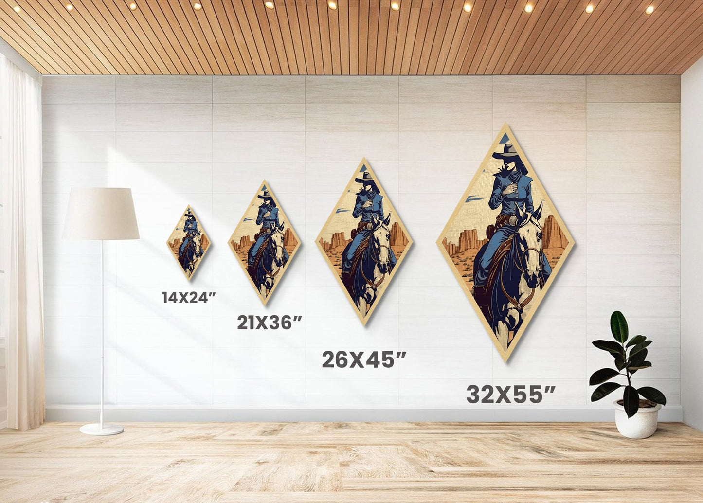 Desert Cowgirl Vibes Diamond Shaped Western Canvas Art Print with Horseback Rider in Blue Outfit Retro Country Rodeo Woman Home Accent