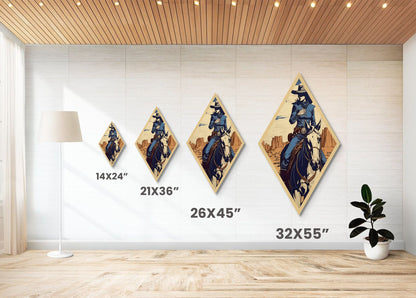 Desert Cowgirl Vibes Diamond Shaped Western Canvas Art Print with Horseback Rider in Blue Outfit Retro Country Rodeo Woman Home Accent