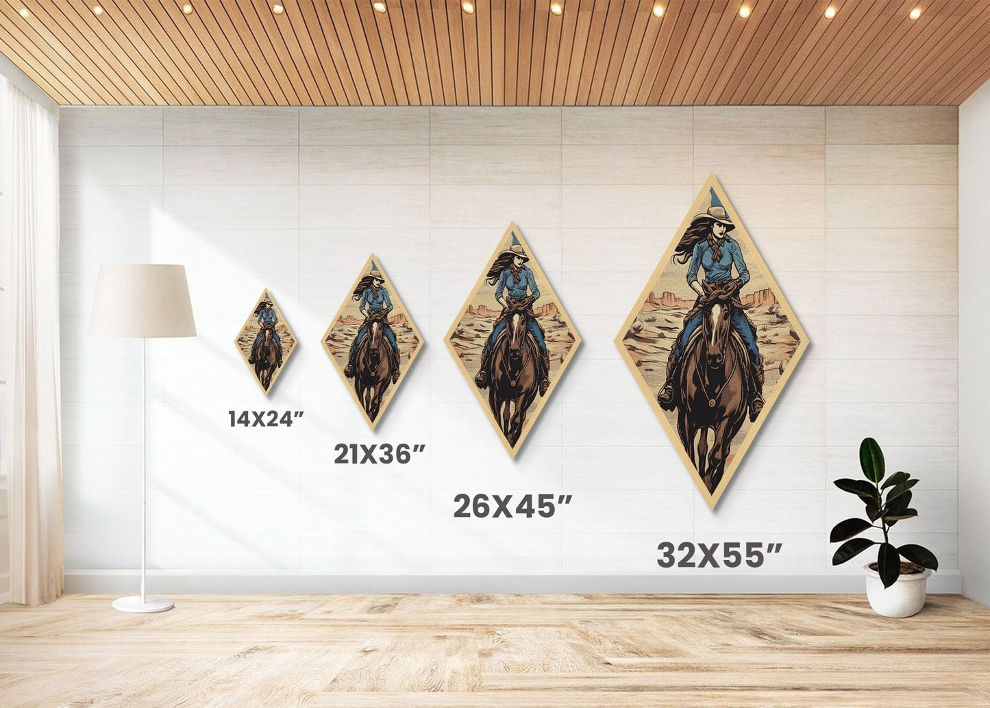 Sunset Cowgirl Ride Diamond Shaped Retro Western Canvas Textured Print Female Rider on Horseback Desert Scenic Illustration Wall Art