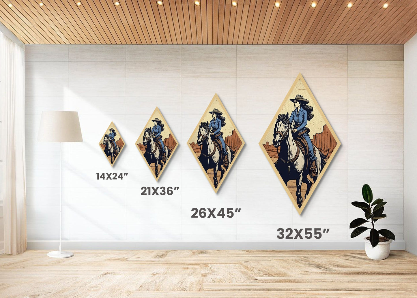 Trailblazing Cowgirl Diamond Shaped Western Wall Art Canvas Embossed Print Horseback Desert Landscape Rustic Country Home Decor