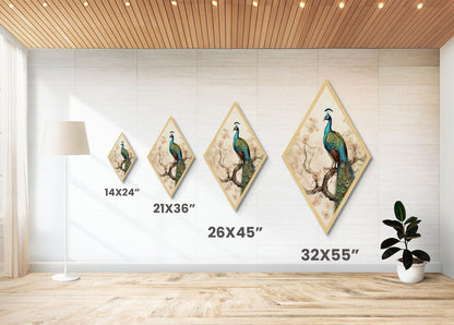 Majestic Peacock Bloom Diamond Shaped Elegant Bird Wall Art Canvas Textured Print Botanical Fine Art Nature-Inspired Decor