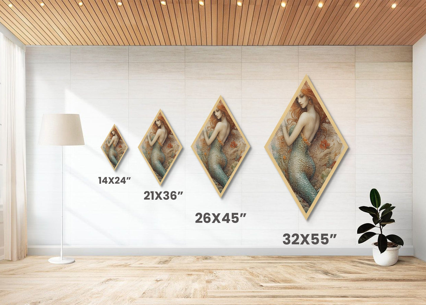 Enchanted Mermaid Muse Diamond Shaped Ocean Fantasy Wall Art Canvas Textured Print Mythical Sea Maiden Vintage Illustration