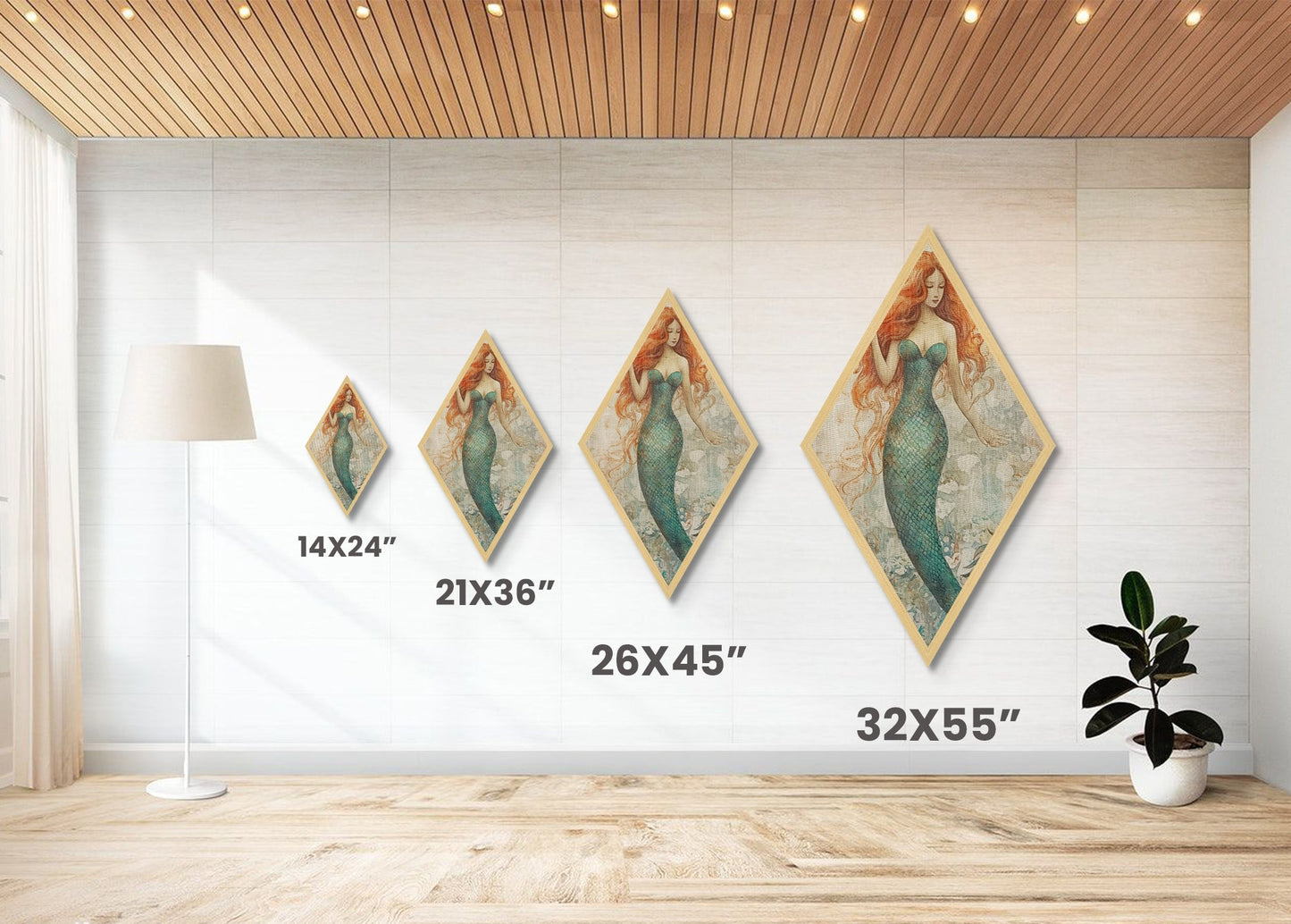 Ocean Spirit Mermaid Diamond Shaped Ethereal Fantasy Art Canvas Embossed Print Mystical Redhead Decorative Underwater Beauty