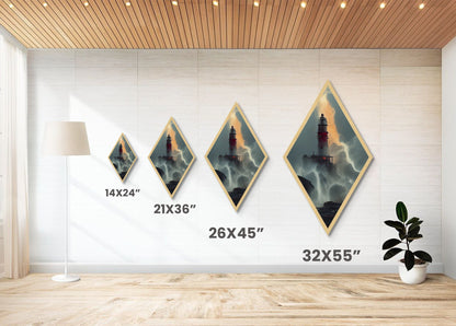 Lighthouse Tempest Fury Diamond Shaped Stormy Sea Wall Art Canvas Embossed Print Dramatic Nautical Lightning Ocean Decor