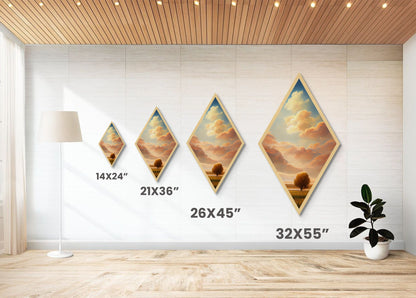 Golden Prairie Tree Diamond Shaped Serene Landscape Scene Canvas Art Print Peaceful Field Skies Rustic Nature Wall Decor