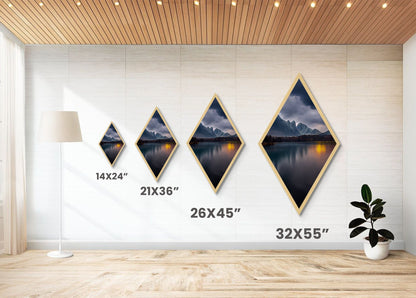 Thunder Peak Reflection – Diamond Shaped Stormy Lake Mountains Canvas Textured Print, Moody Scenic Nature Wall Art, Atmospheric View