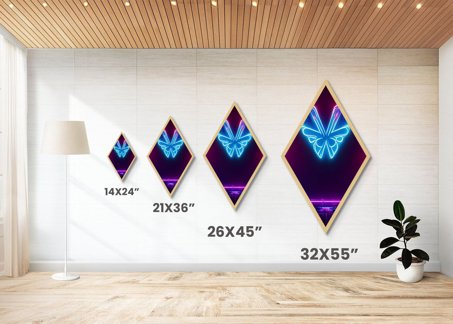 Neon Butterfly Pulse – Diamond Shaped Futuristic Glow Canvas Embossed Print, Cyberpunk Wall Art, Vaporwave Lighting Aesthetic