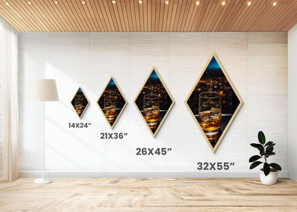 City Lights Whiskey – Diamond Shaped Canvas Embossed Print Nightlife Bar Art, Modern Whiskey Glass Wall Decor, Urban Evening Cocktail Vibe