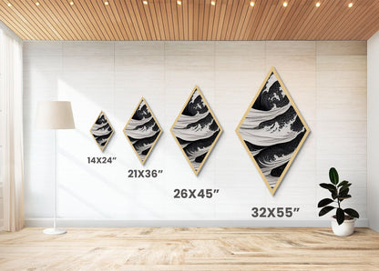 Monochrome Wave Fury – Diamond Shaped Japanese Style Ocean Print Canvas Textured Print, Bold Black and White Wall Art, Ink Style Sea