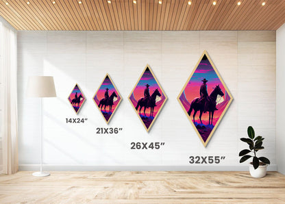 Neon Cowboy Sunset – Diamond Shaped Canvas Art Print with Western Landscape Scene, Vibrant Sky Wall Decor, Modern Desert Art