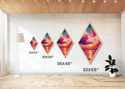 Sunset Dream Sky – Diamond Shaped Canvas Art Print with Colorful Cloudscape, Ocean Reflection Wall Decor, Tropical Sunrise Painting