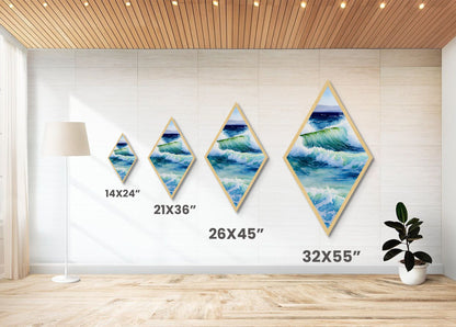 Ocean Wave Surge Diamond Shaped Canvas Textured Print, Coastal Watercolor Seascape Wall Art, Blue Wave Nature Art Gift