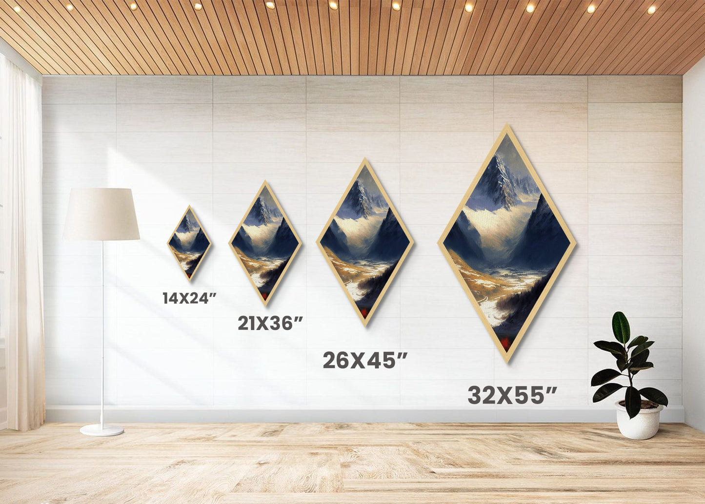 Alpine Valley Peaks Diamond Shaped Canvas Art Print, Snowy Mountain Scenic Wall Decor, Wilderness Landscape Nature Painting