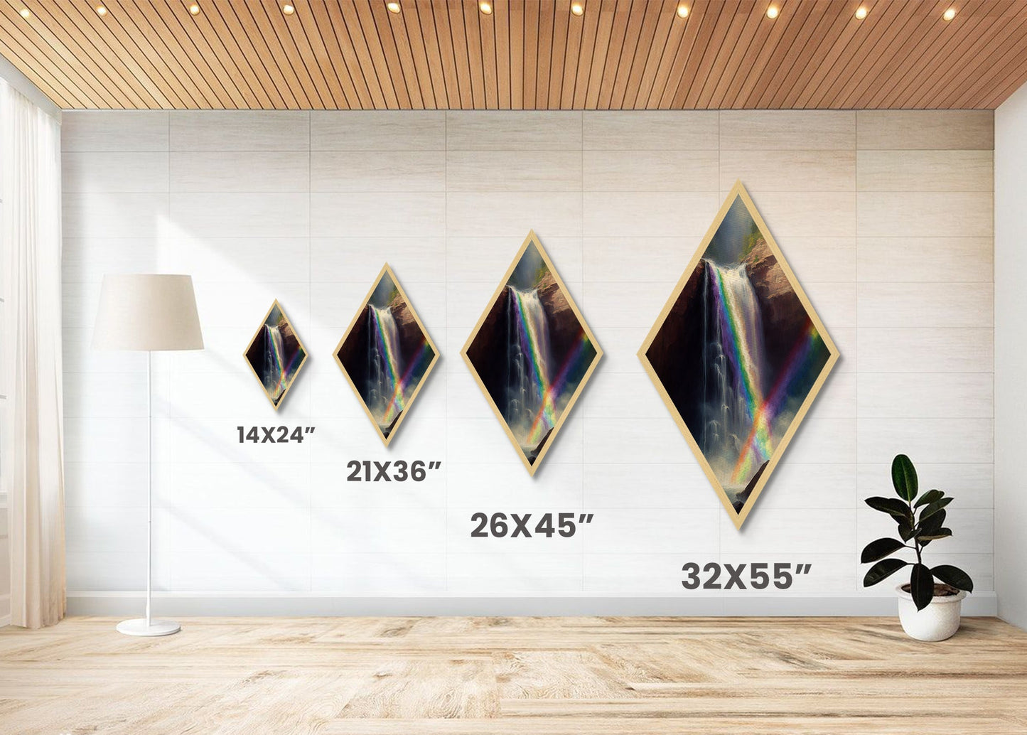 Rainbow Cascade Falls Diamond Shaped Canvas Embossed Print, Waterfall Landscape Art Print, Nature Wall Decor Mountain Scene