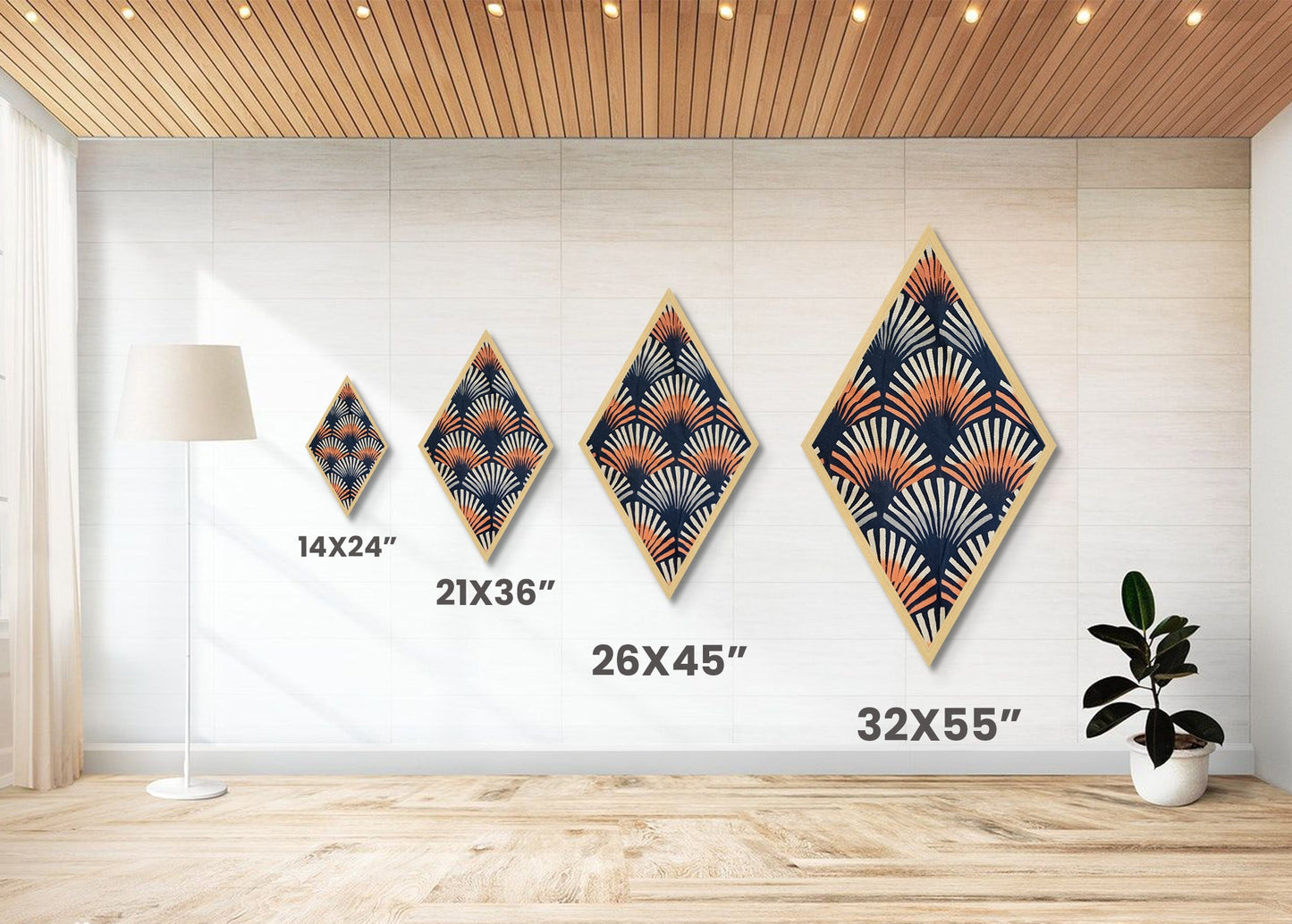 Retro Fan Pattern – Diamond Shaped Canvas Textured Print Mid Century Modern Wall Decor, Navy Orange Abstract Textile Style, Bold Boho Vibes