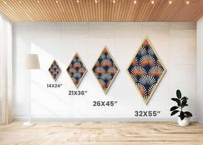 Retro Fan Pattern – Diamond Shaped Canvas Textured Print Mid Century Modern Wall Decor, Navy Orange Abstract Textile Style, Bold Boho Vibes