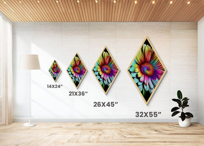 Funky Rainbow Flower Print, Canvas Embossed Wall Art, Diamond Shaped Art
