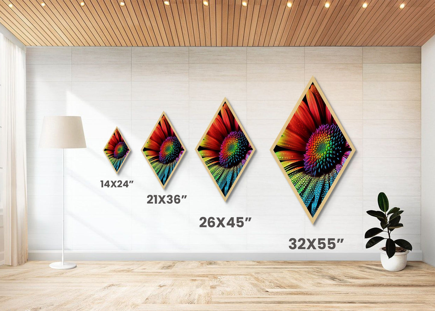 Rainbow Sunflower Painting Print, Diamond Shaped Wall Art, Canvas Embossed Art Print