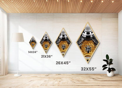 Honeycomb Elegance Bee Diamond Shaped Canvas Art Print, Gold Hexagon Insect Decor, Glam Perfume Bottle Graphic Wall Piece