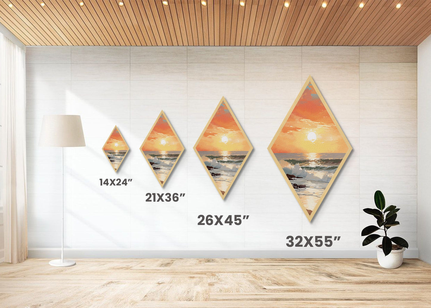 Beautiful Beach Sunset Framed Print, Nautical Painting, Coastal Decor, Diamond Shaped Art, Retro MCM Style Wall Art