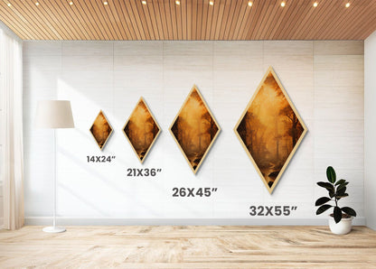 Fall In The Forest, Canvas Textured Print, Diamond Shaped Landscape Painting, Retro Home Decor, Nature Painting