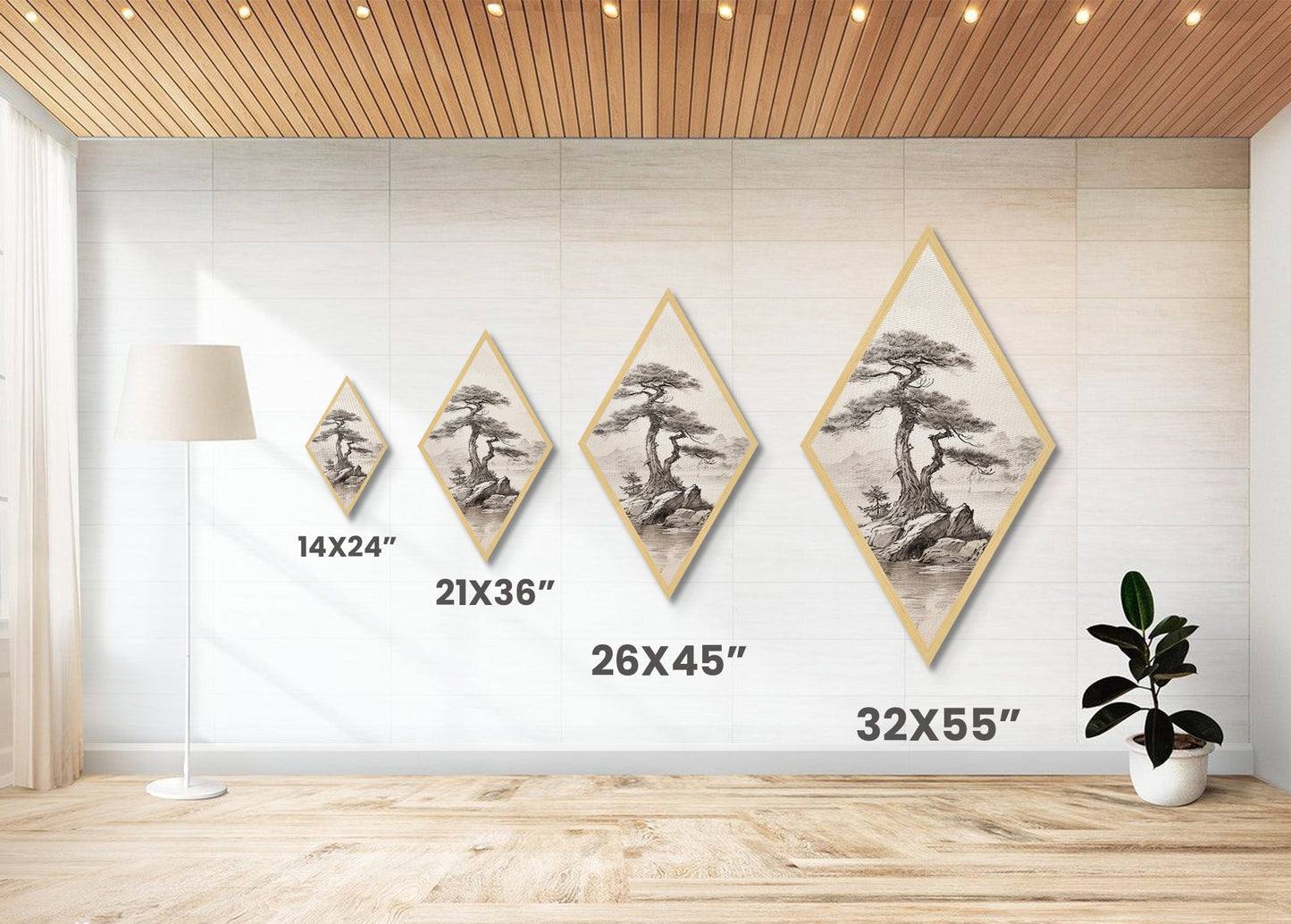 Funky Bonsai Tree Charcoal Sketch Canvas Art Print, Embossed Canvas Wall Art, Diamond Shaped Decor, Alternative Decor, Modern Art