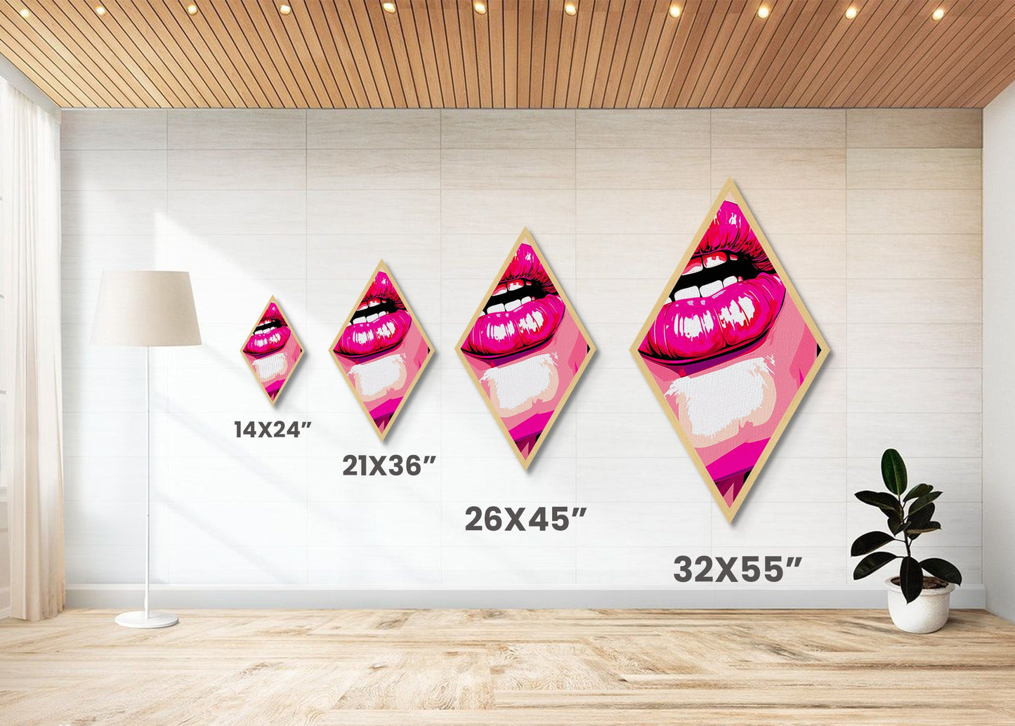 Glossy Pink Lips Biting – Canvas Art Print Bold Pop Art Diamond Wall Decor, Retro Comic Style, Lipstick Fashion Wall Accent, Neon Vibe
