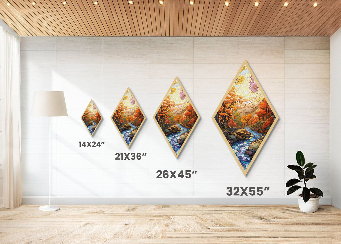 Autumn Forest Stream – Canvas Textured Print Stained Glass Style, Fall River Landscape, Nature Diamond Wall Art, Golden Hour Forest